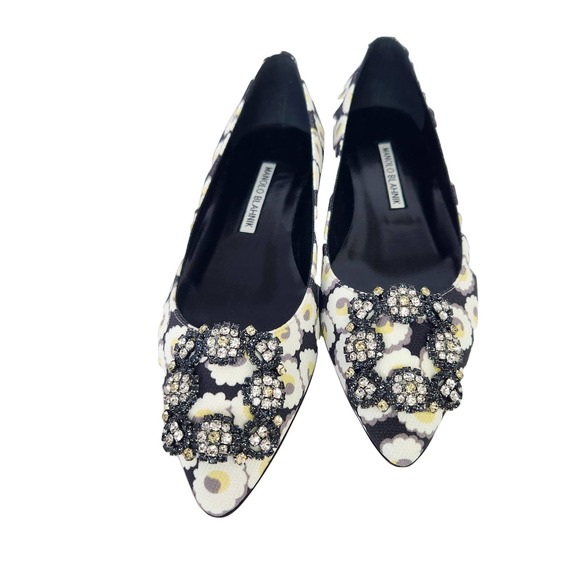 Manolo Blahnik Hangisi Crystal Brooch Floral Print Flats 35.5 - Picture 2 of 7